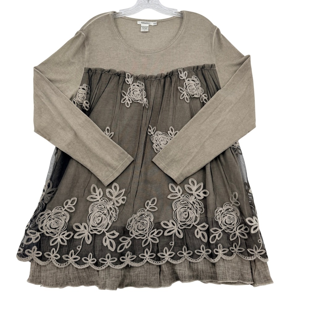 Feratelli Women XL Embroidered Floral Mesh Tunic Top Gray Mixed Media Whimsigoth